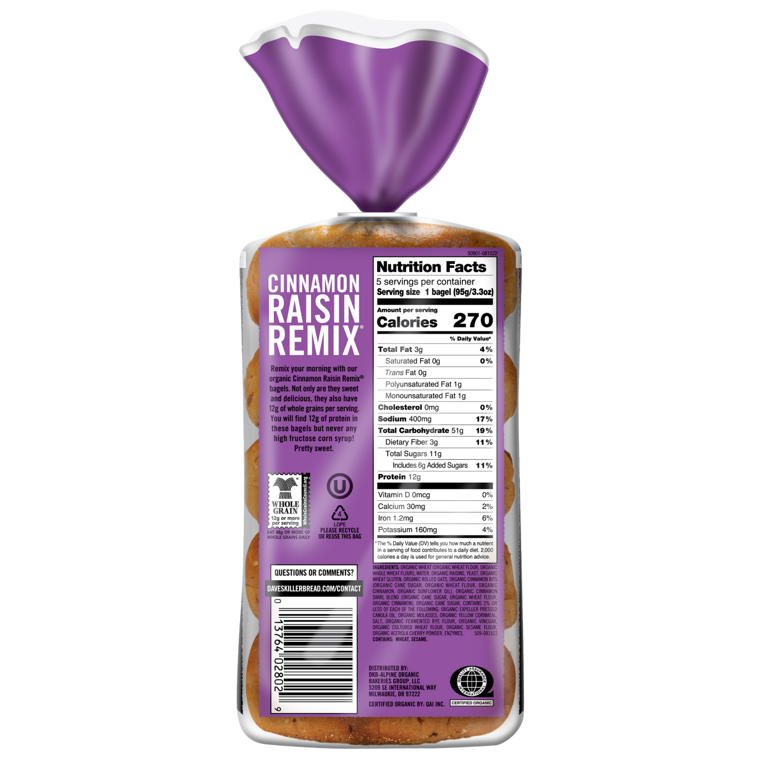 slide 2 of 7, Dave's Killer Bread Cinnamon Raisin Remix Bagels, Organic Cinnamon Raisin Bagels, 5 Count, 16.75 oz