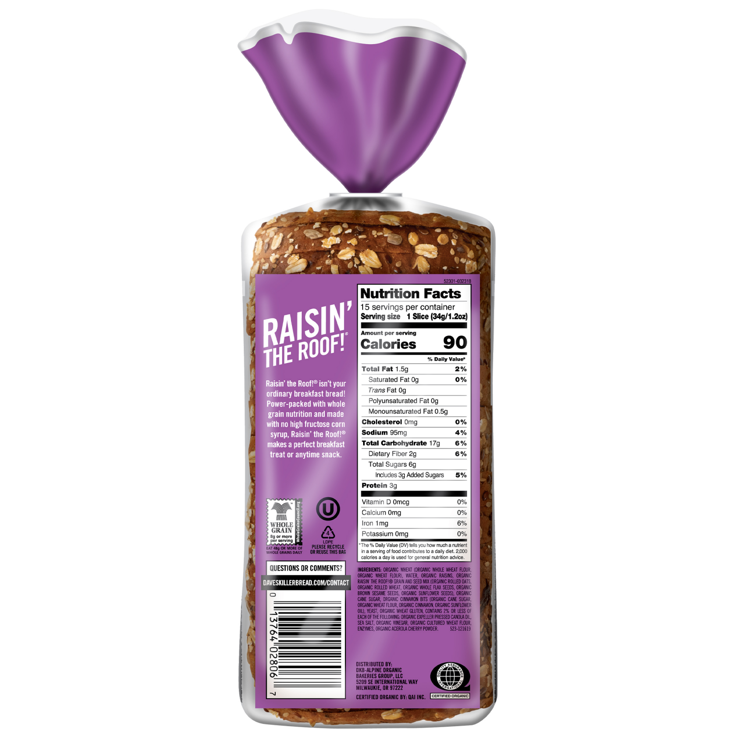 slide 2 of 4, Dave's Killer Bread Breakfast Bread, Organic, Raisin the Roof, 18 oz