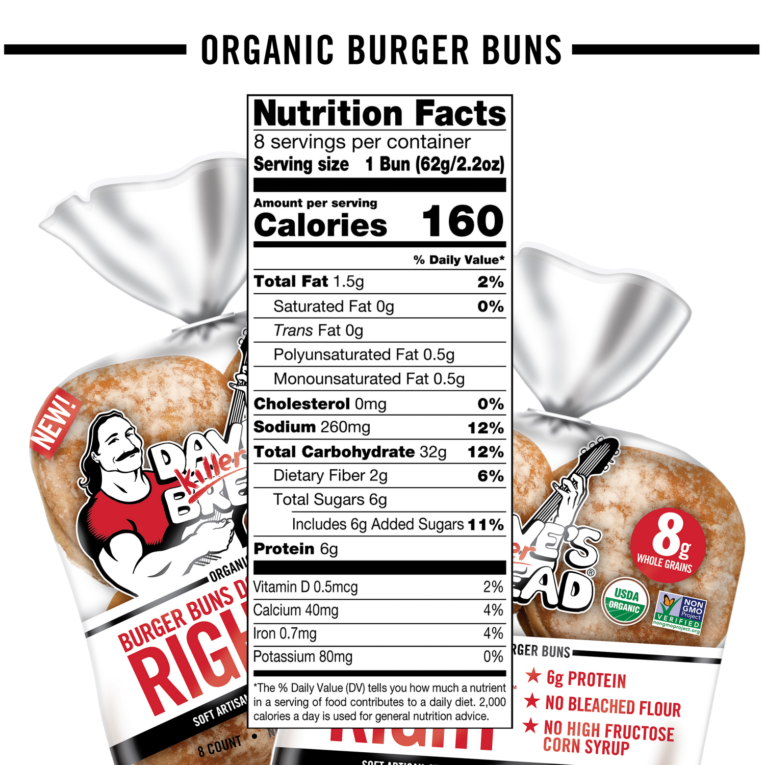 slide 4 of 5, Dave's Killer Bread Burger Buns Done Right, Organic White Bread Hamburger Buns, 8 Count, 8 ct