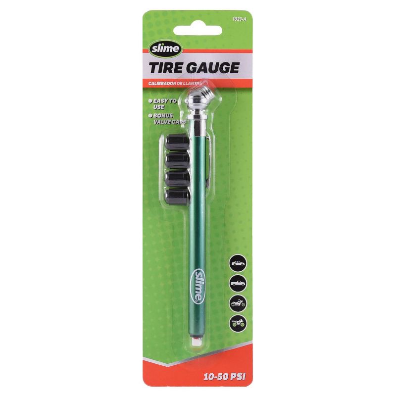 slide 1 of 4, Slime 10-50 PSI Pencil Tire Gauge and Valve Caps, 1 ct