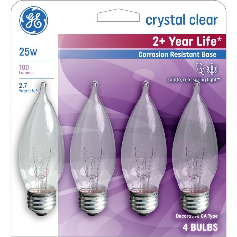 slide 1 of 4, GE Household Lighting GE 25w 4pk Long Life Incandescent Chandelier Light Bulb White, 4 ct