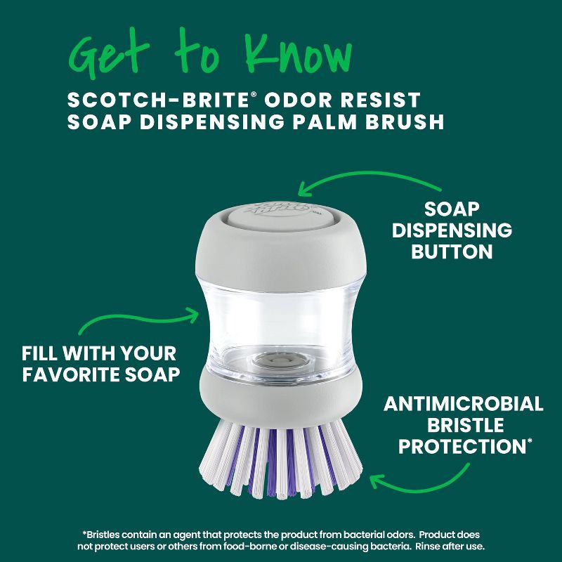 slide 3 of 11, Scotch-Brite Odor Resist Soap Dispensing Palm Brush, 1 ct