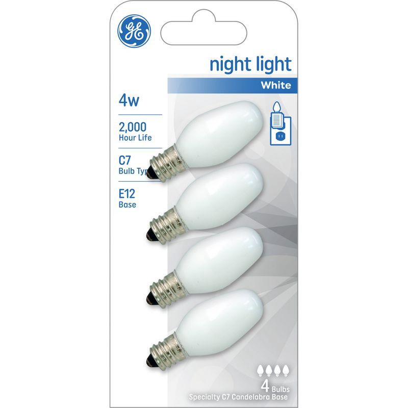 slide 1 of 3, GE Household Lighting GE 4pk 4W Incandescent Nightlight Bulbs E12 Base Frosted: Dimmable C7 Decorative Bulbs, 14 Lumens, Suitable for Wet Locations, 4 ct