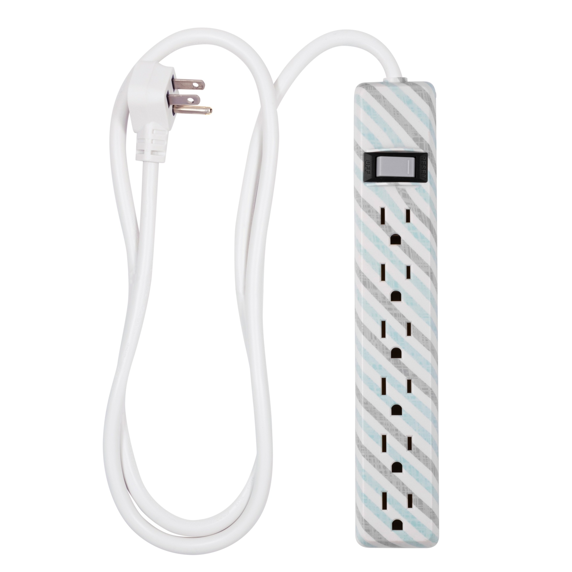 slide 1 of 6, Jasco GE General Purpose 6-Outlet Power Strip with 4ft Extension Cord, Striped Design, White, Gray and Mint, 4 ft