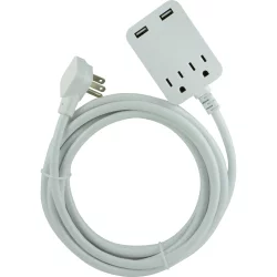 General Electric GE 12' 2.4A 2 USB 2 Outlets Surge Extension Cord White