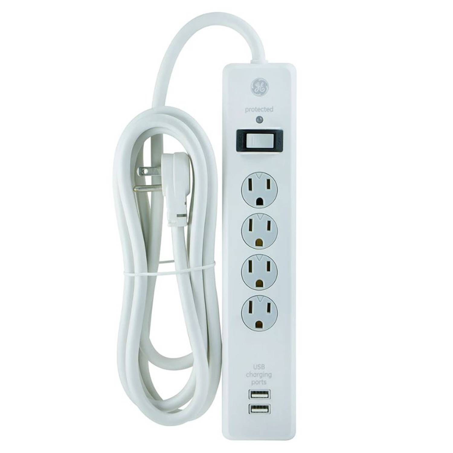slide 1 of 6, General Electric GE 6' Extension Cord with 4 Outlet 2 USB Surge Protector White, 1 ct