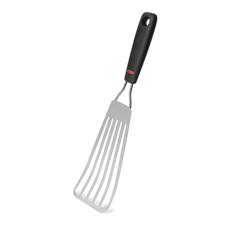 slide 4 of 6, OXO Fish Turner 13.65"x3.5": Stainless Steel Slotted Cooking Spatula, Dishwasher-Safe, Black Handle, 1 ct