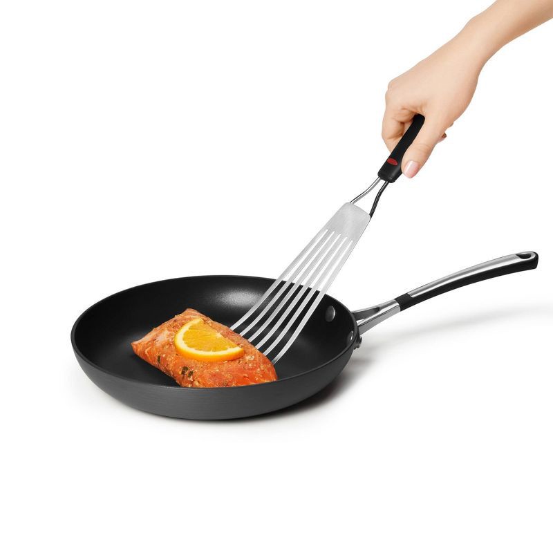 slide 5 of 6, OXO Fish Turner 13.65"x3.5": Stainless Steel Slotted Cooking Spatula, Dishwasher-Safe, Black Handle, 1 ct