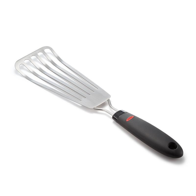 slide 6 of 6, OXO Fish Turner 13.65"x3.5": Stainless Steel Slotted Cooking Spatula, Dishwasher-Safe, Black Handle, 1 ct