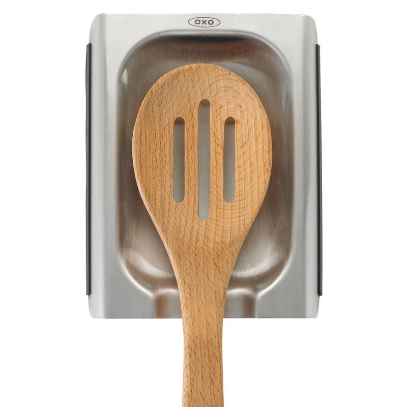 slide 2 of 3, OXO Stainless Steel Spoon Rest: Silicone Utensil Holder for Stove, Dishwasher-Safe, Light Silver, 1 ct