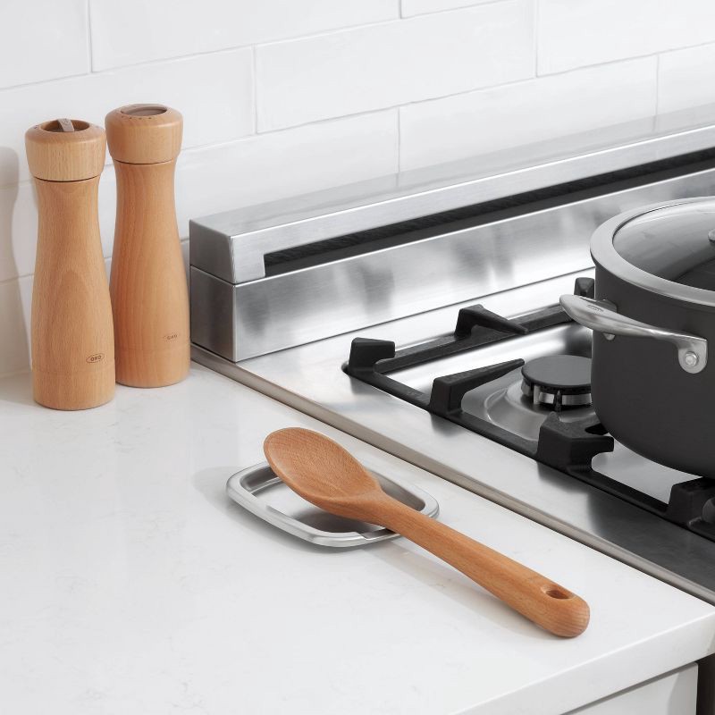 slide 3 of 3, OXO Stainless Steel Spoon Rest: Silicone Utensil Holder for Stove, Dishwasher-Safe, Light Silver, 1 ct