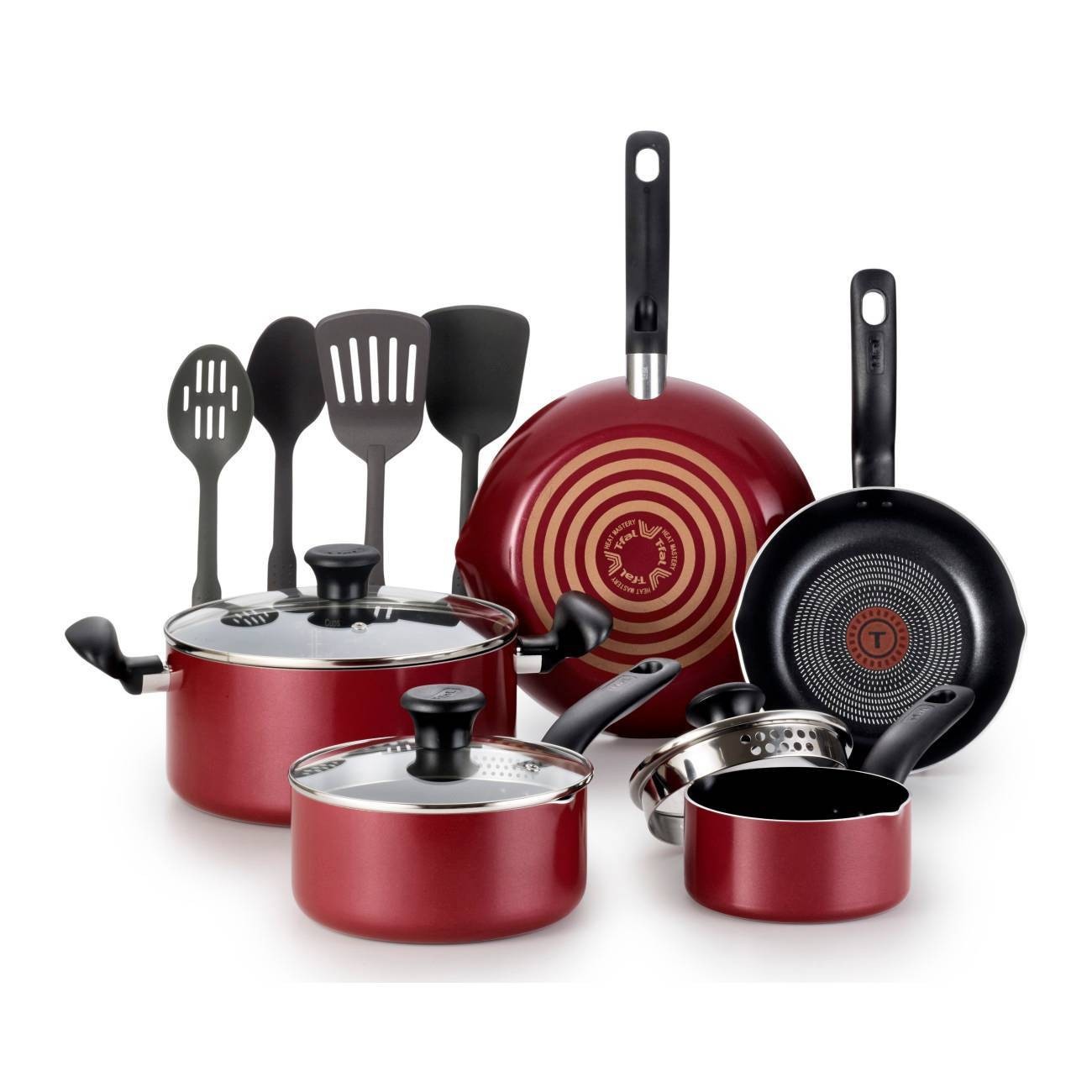 slide 1 of 1, T-fal Simply Cook Nonstick Dishwasher Safe Cookware Set Red, 12 ct