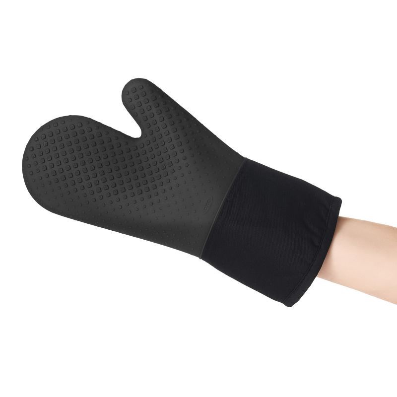 slide 2 of 6, OXO Oven Mitt: Black Silicone & Cotton, Machine Washable, 13.3" x 6.8", Solid Pattern, Kitchen Textile, 1 ct