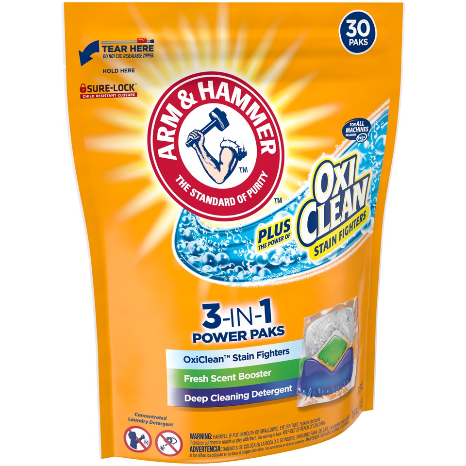 slide 2 of 4, ARM & HAMMER Plus OxiClean 3-in-1 Stain Fighters Power Paks, 30 ct