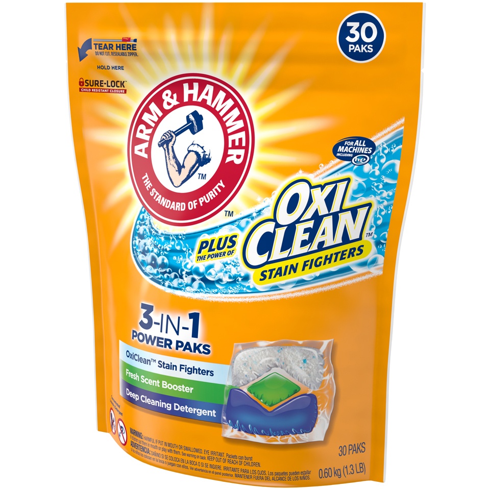 slide 3 of 4, ARM & HAMMER Plus OxiClean 3-in-1 Stain Fighters Power Paks, 30 ct