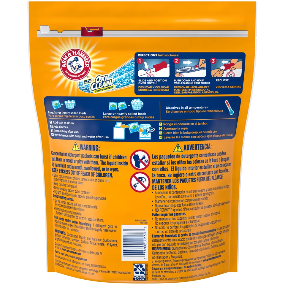 slide 4 of 4, ARM & HAMMER Plus OxiClean 3-in-1 Stain Fighters Power Paks, 30 ct