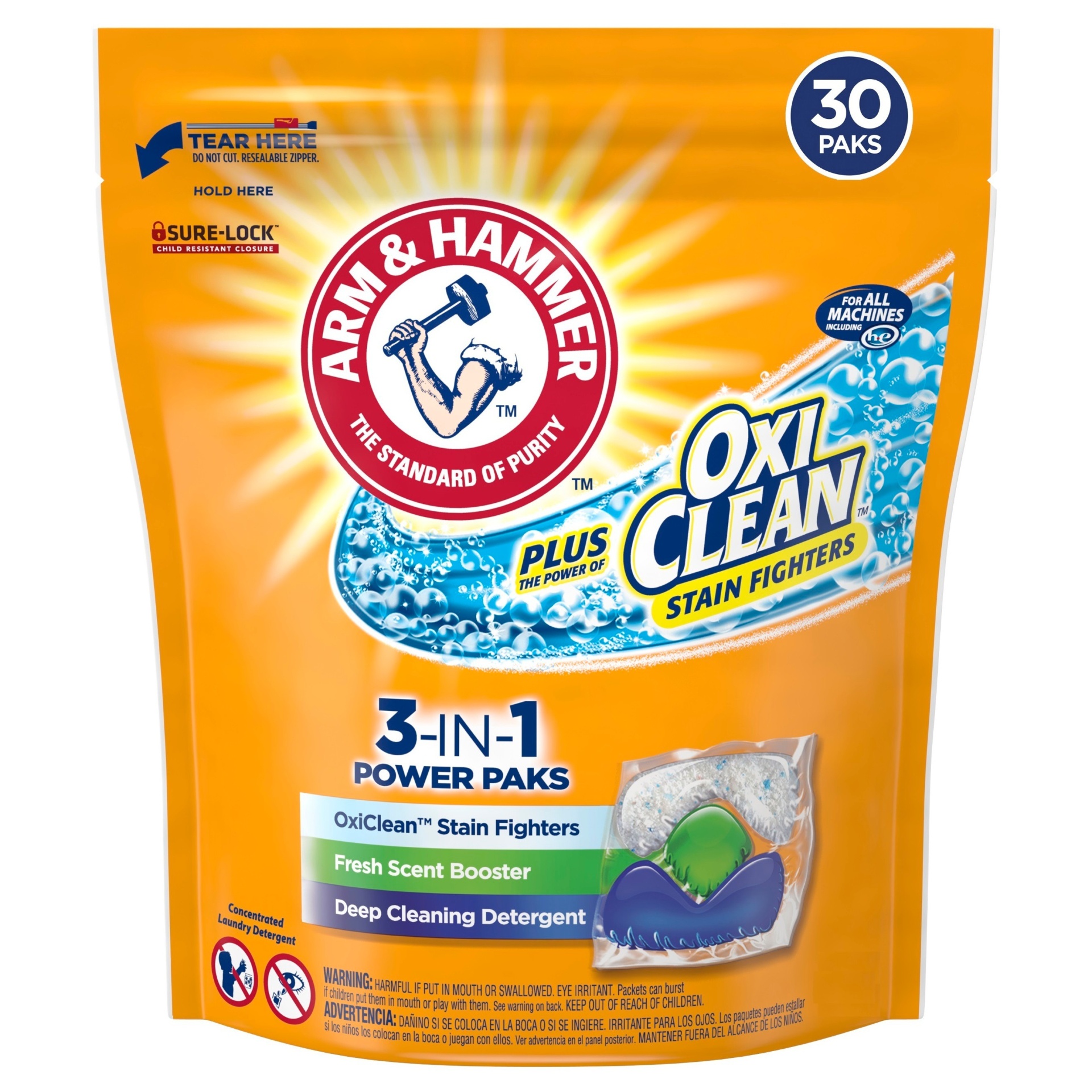 slide 1 of 4, ARM & HAMMER Plus OxiClean 3-in-1 Stain Fighters Power Paks, 30 ct