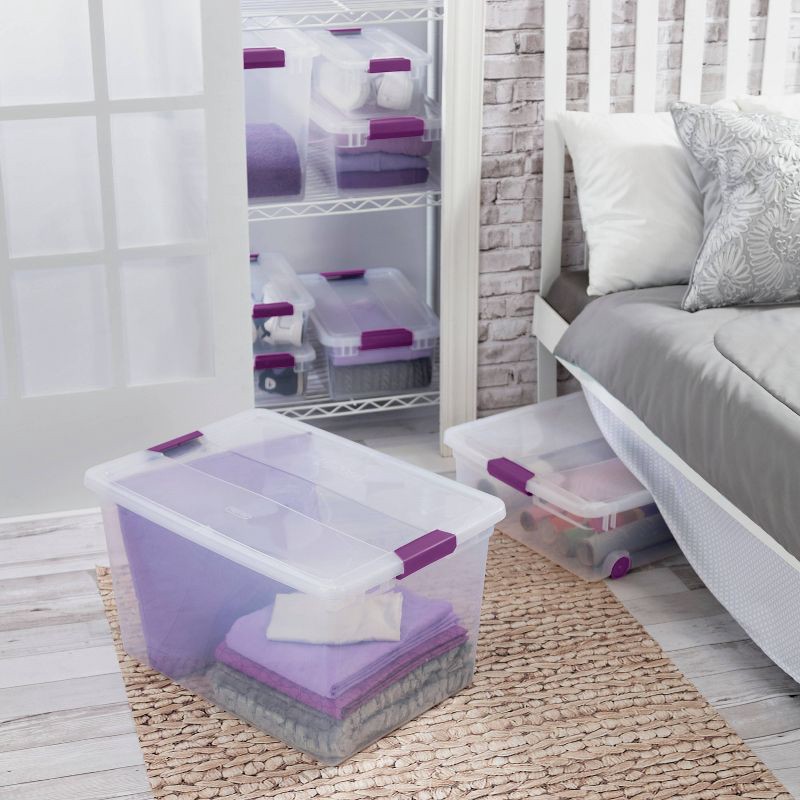 slide 4 of 9, Sterilite 66qt ClearView Latch Box Clear with Purple Latches: Plastic Storage Container, Lidded & Stackable, 66 Quart, 66 qt, 66 qt