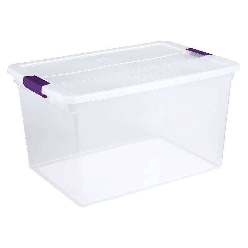 slide 1 of 8, Sterilite 66qt ClearView Latch Box Clear with Purple Latches, 66 qt