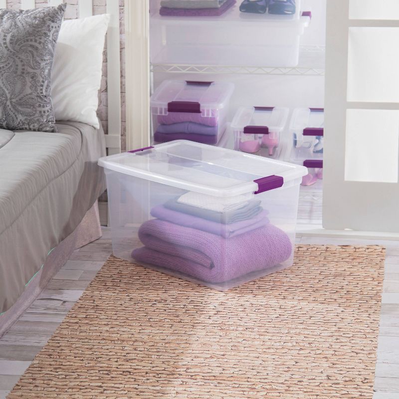 slide 6 of 9, Sterilite 66qt ClearView Latch Box Clear with Purple Latches: Plastic Storage Container, Lidded & Stackable, 66 Quart, 66 qt, 66 qt