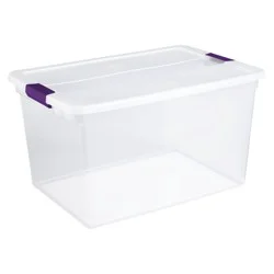 Sterilite 66qt ClearView Latch Box Clear with Purple Latches: Plastic Storage Container, Lidded & Stackable, 66 Quart