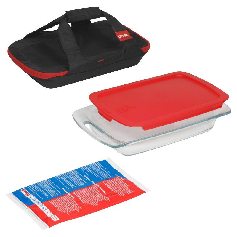 slide 4 of 4, Pyrex 4pc Portables Easy Grab Baking Dish Set: Glass Bakeware with Lid & Insulated Carrier, Microwave & Oven Safe, 4 ct