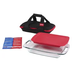 Pyrex 4pc Portables Easy Grab Baking Dish Set: Glass Bakeware with Lid & Insulated Carrier, Microwave & Oven Safe