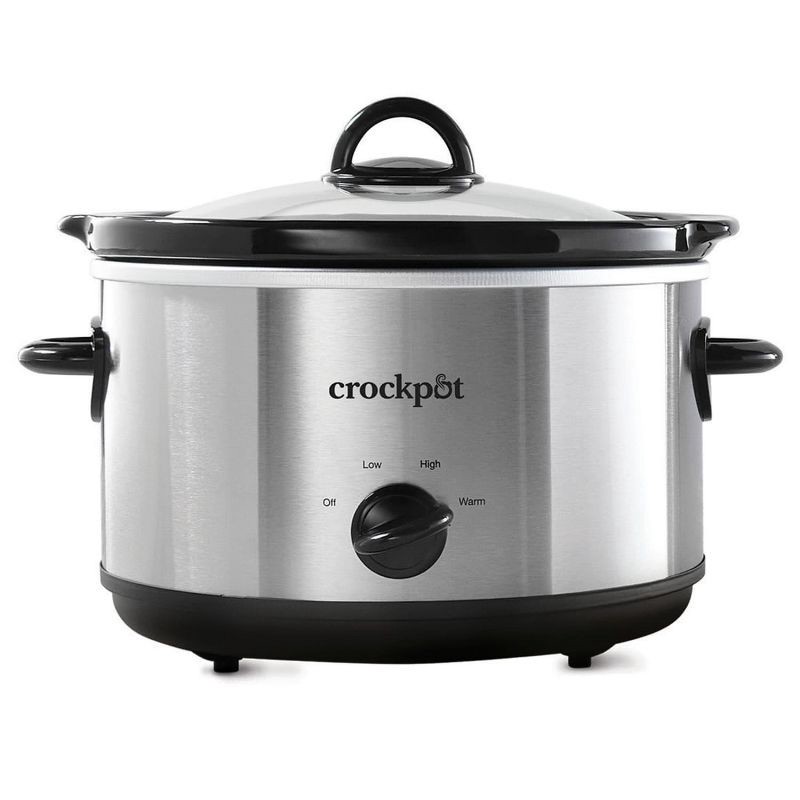 slide 1 of 4, Crock-Pot 4.5qt Slow Cooker Silver: Ceramic, Glass, Stainless Steel, 3 Settings, Stay-Cool Handles, Dishwasher-Safe, 4.5 qt