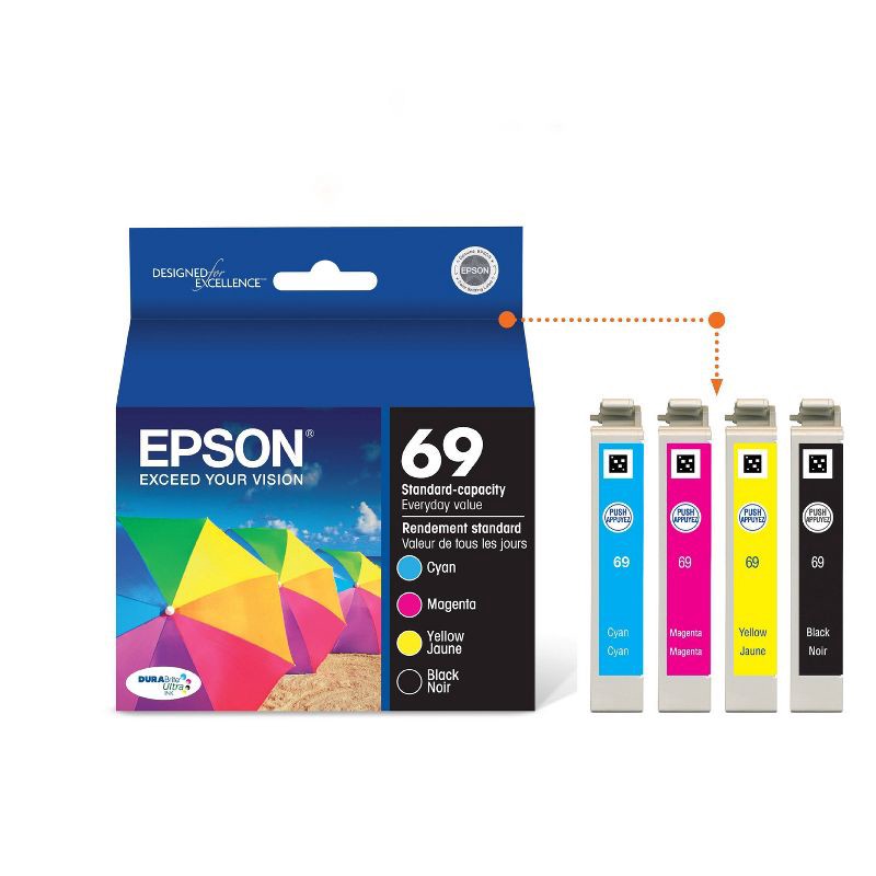 slide 2 of 6, Epson 69 4pk Combo Ink Cartridges - Black/Cyan/Magenta/Yellow (T069120BCS), 4 ct