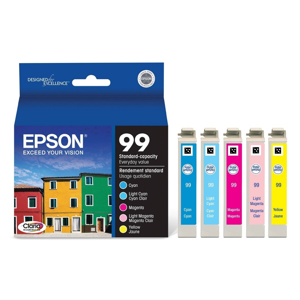 slide 3 of 7, Epson 99 Color Combo 5pk Ink Cartridges - Cyan,Light Cyan,Magenta,Light Magenta,Yellow (T099920-CP), 5 ct