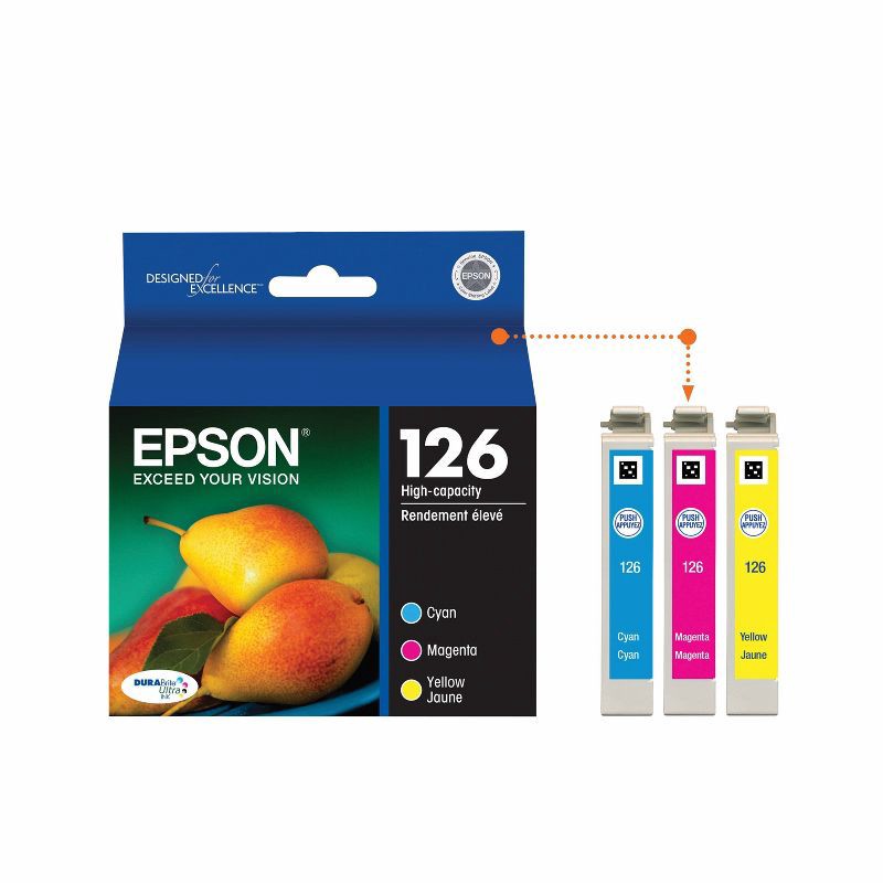 slide 2 of 7, Epson 126XL C/M/Y 3pk Ink Cartridges - Cyan, Magenta, Yellow (T126520-CP), 1 ct