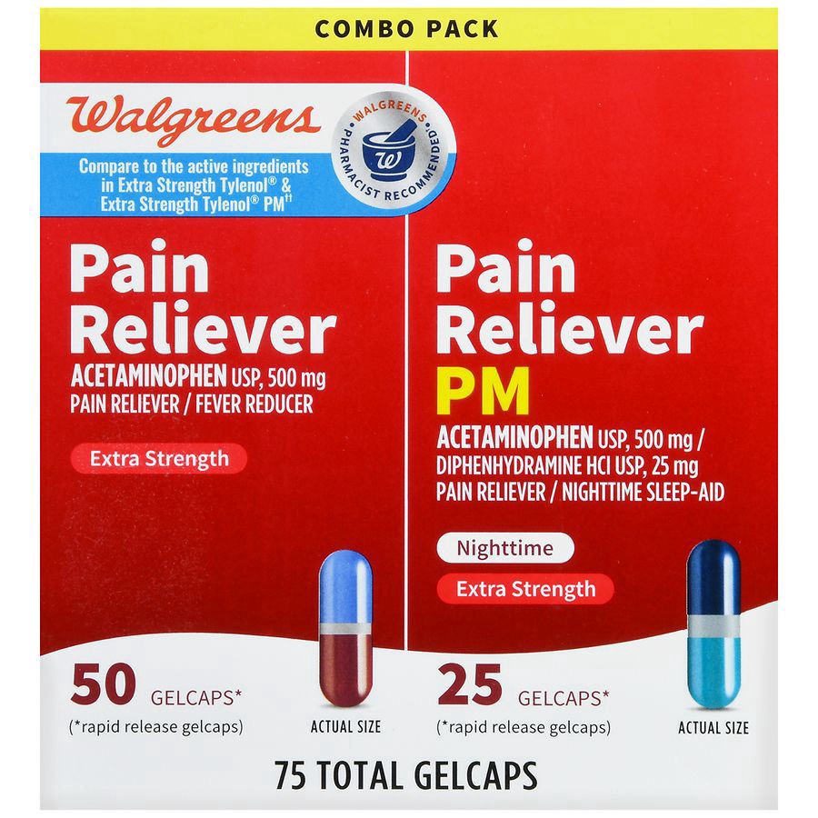 slide 3 of 5, Walgreens Combo Pack Pain Reliever & Pain Reliever PM, 75 ct