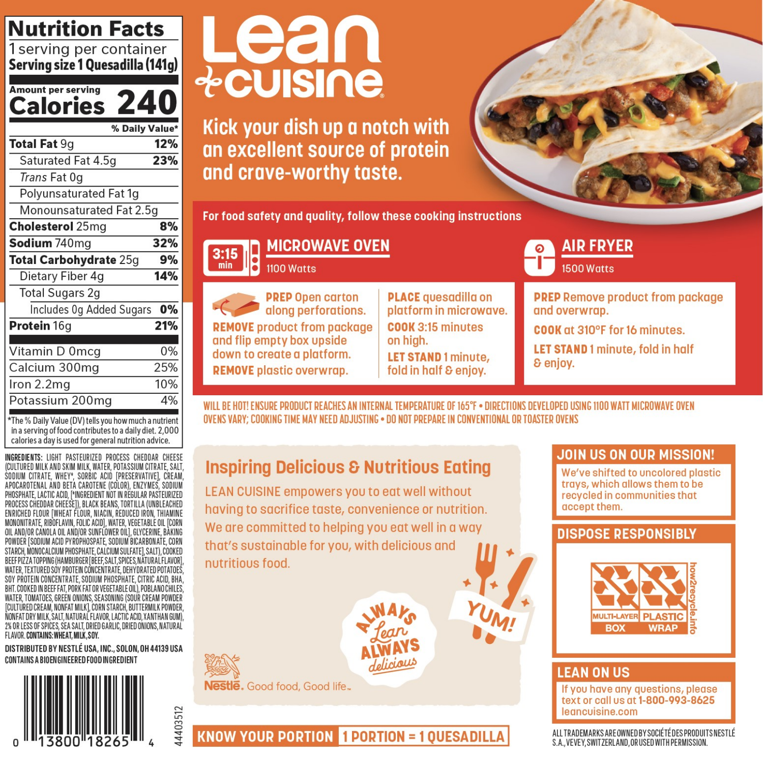 slide 2 of 8, Lean Cuisine Protein Kick Mexican Style Beef and Cheddar Quesadilla, Quick Meals, 5 oz