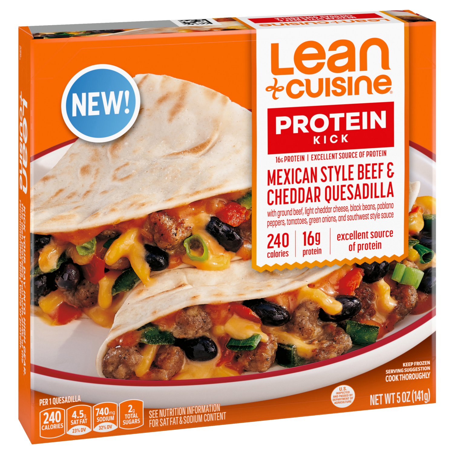 slide 6 of 8, Lean Cuisine Protein Kick Mexican Style Beef and Cheddar Quesadilla, Quick Meals, 5 oz