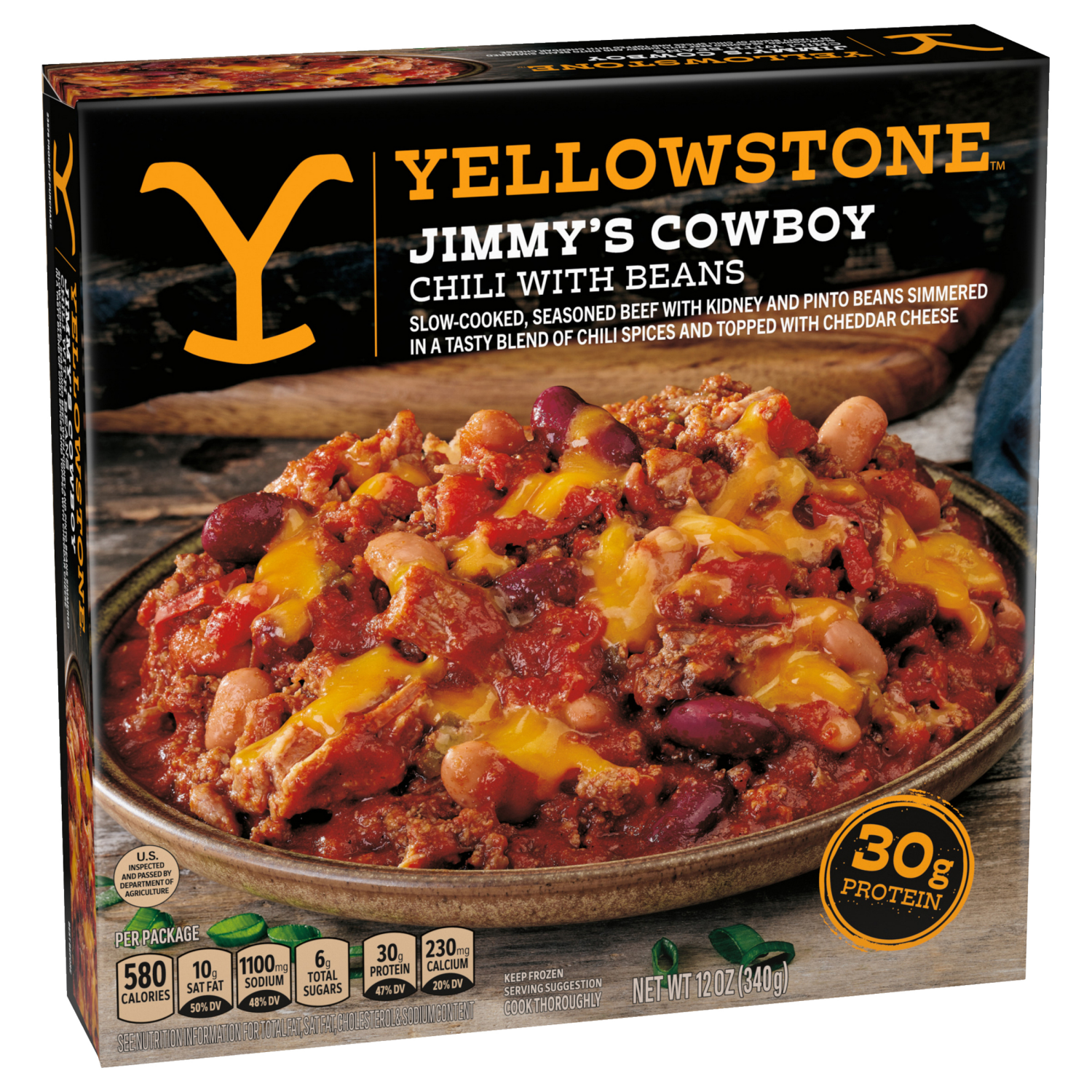 slide 6 of 8, YELLOWSTONE Jimmy’s Cowboy Chili with Beans, Slow-cooked Seasoned Beef, Topped with Cheddar Cheese, 12 oz, 12 oz