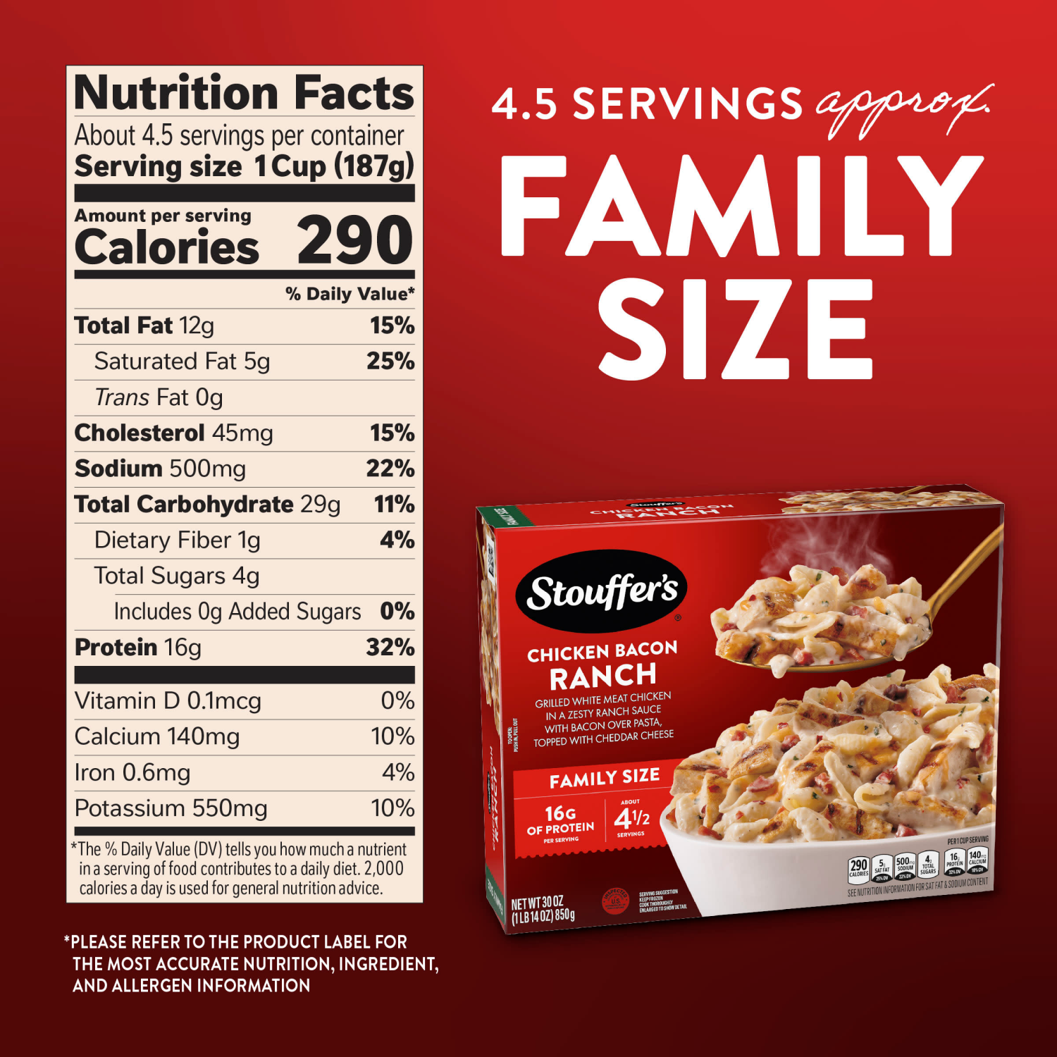 slide 2 of 8, STOUFFERS Stouffer's Family Size Chicken Bacon Ranch Family Size 30 oz, 30 oz