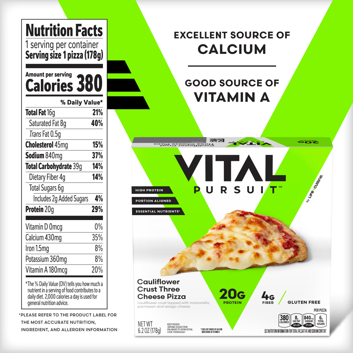 slide 6 of 7, Vital Pursuit Cauliflower Crust Three Cheese Pizza, High Protein, GLP-1 Friendly, Gluten Free, Frozen Meal, 6.2 oz