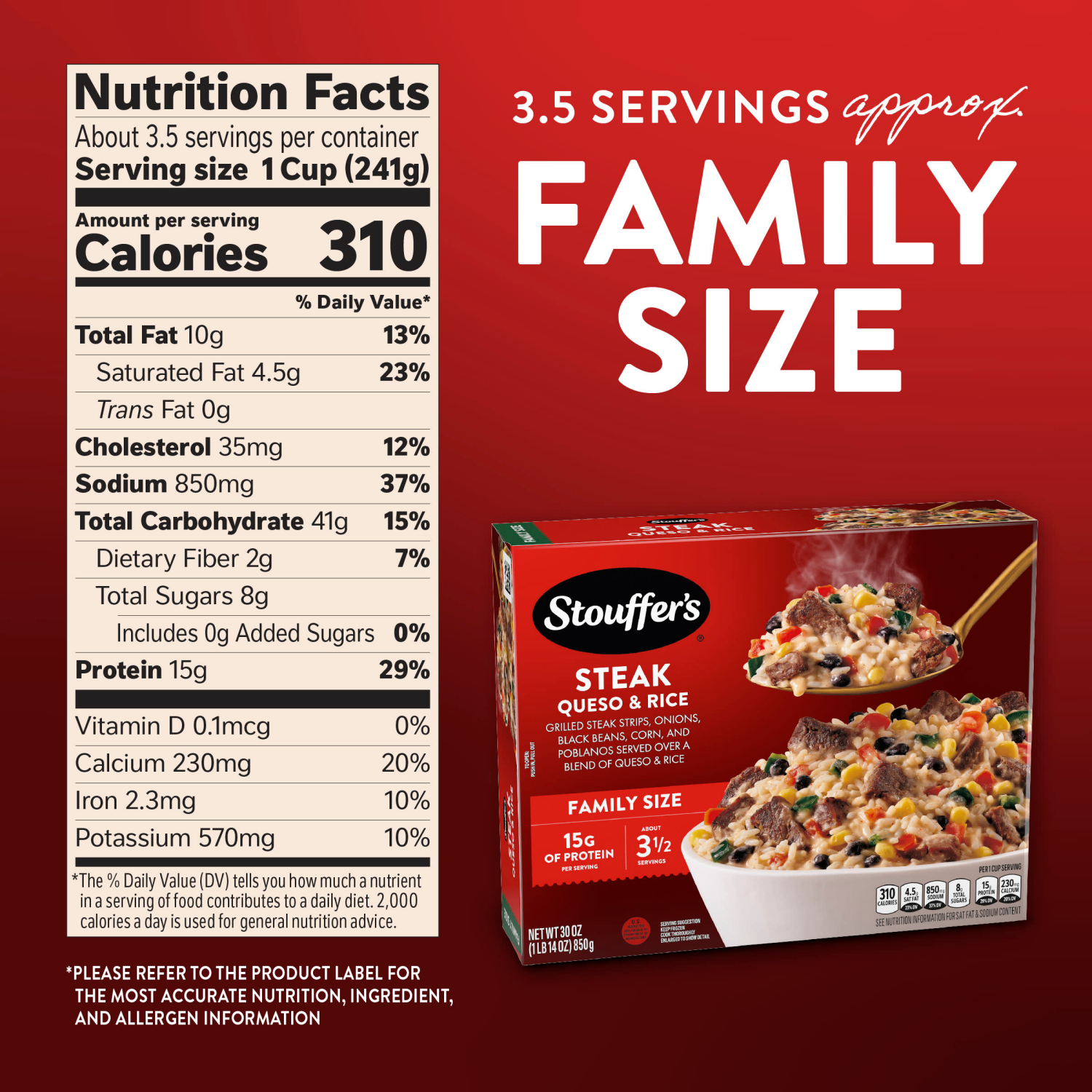 slide 2 of 8, STOUFFERS Stouffer's Steak Queso & Rice Family Size 30 oz, 30 oz