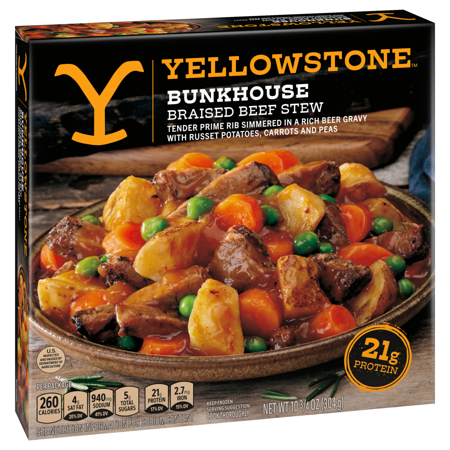 slide 6 of 8, YELLOWSTONE Bunkhouse Braised Beef Stew, Tender Prime Rib in a Beer Gravy, Russet Potatoes, Carrots and Peas, 10.75 oz (Frozen), 10.75 oz