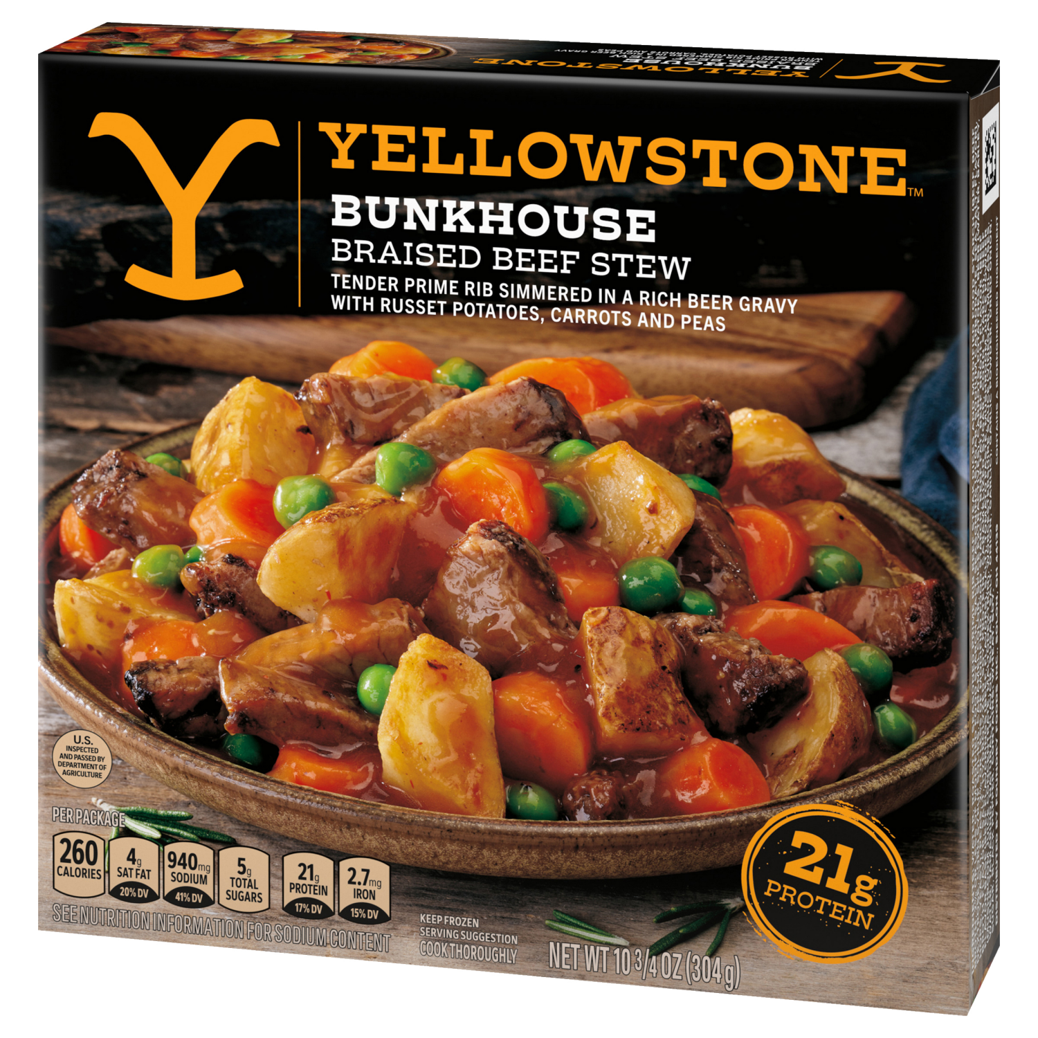 slide 7 of 8, YELLOWSTONE Bunkhouse Braised Beef Stew, Tender Prime Rib in a Beer Gravy, Russet Potatoes, Carrots and Peas, 10.75 oz (Frozen), 10.75 oz