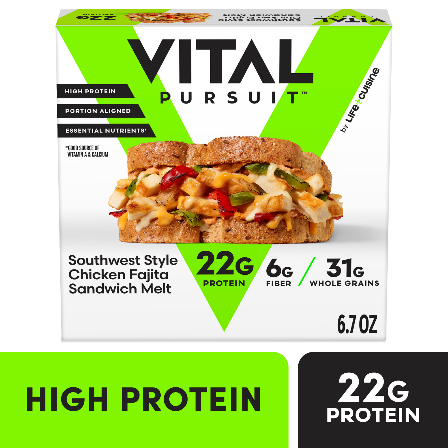 slide 1 of 8, Vital Pursuit Southwest Style Chicken Fajita Sandwich Melt, High Protein GLP-1 Frozen Meal, 6.7 oz