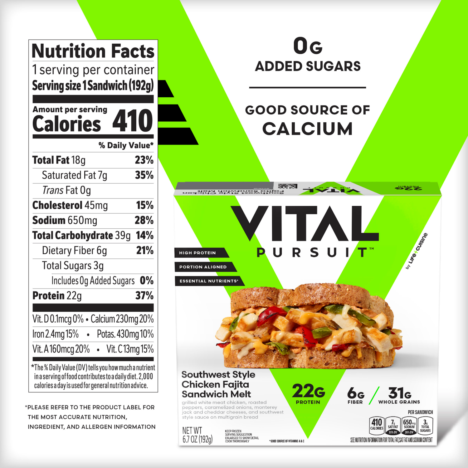 slide 8 of 8, Vital Pursuit Southwest Style Chicken Fajita Sandwich Melt, High Protein GLP-1 Frozen Meal, 6.7 oz