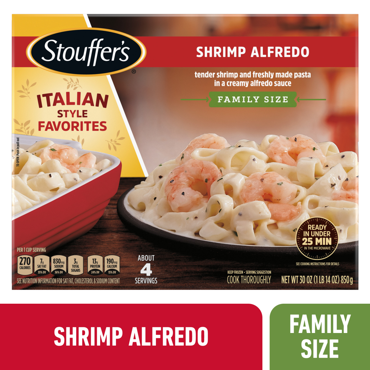 slide 1 of 8, Stouffer's Family Size Shrimp Alfredo Frozen Meal, 30 oz