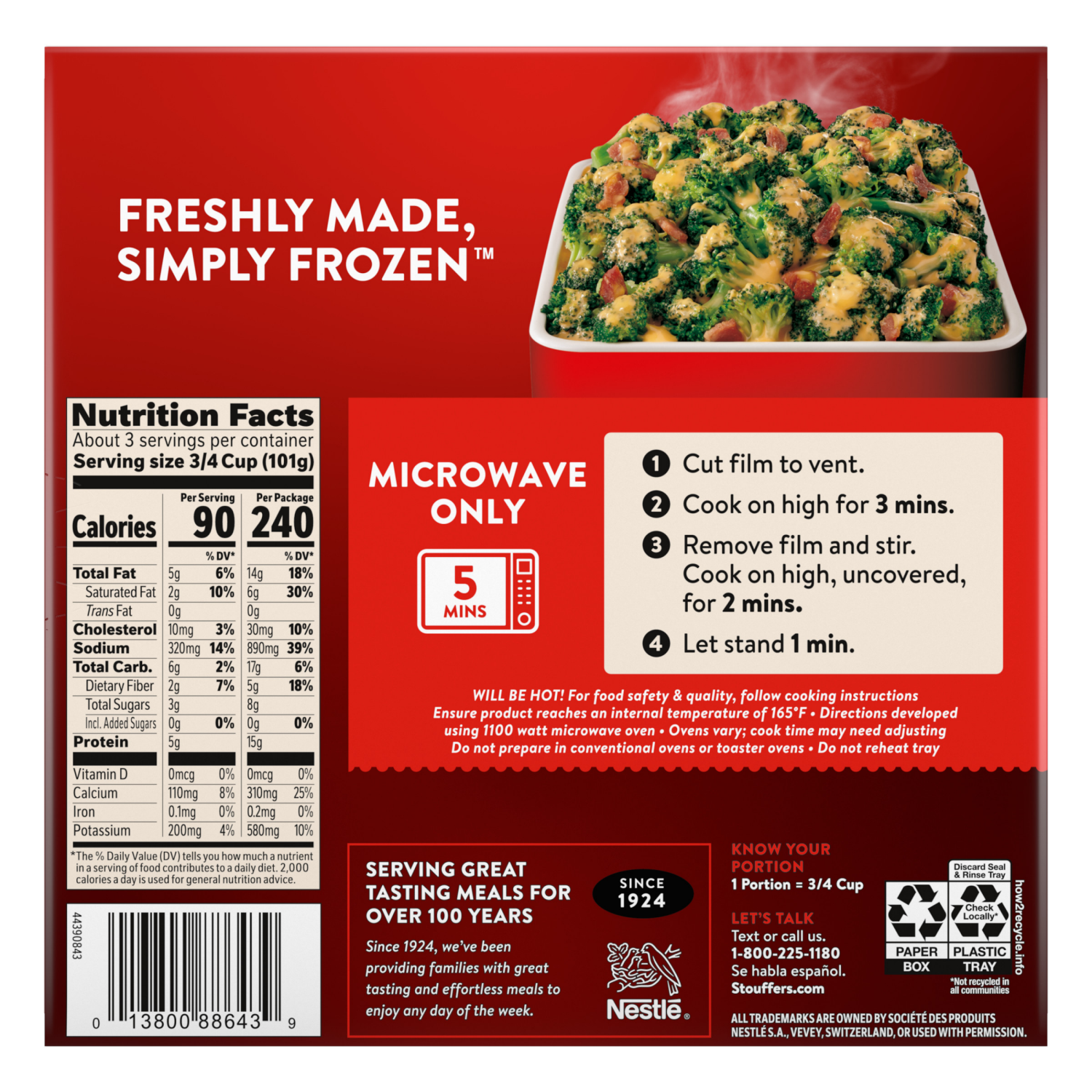 slide 3 of 8, Stouffer's Stouffer’s Signature Sides Cheesy Broccoli with Bacon, Frozen Broccoli, Frozen Vegetables, Frozen Side Dishes, 10 oz