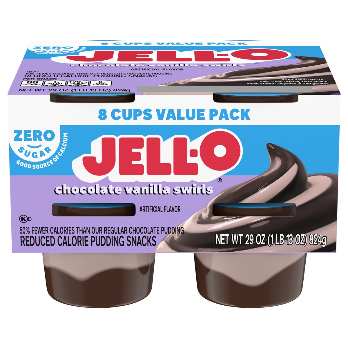 slide 1 of 5, Jell-O Chocolate Vanilla Swirls Artificially Flavored Zero Sugar Ready-to-Eat Pudding Snack Cups Family Size Pack, 8 ct Cups, 8 ct