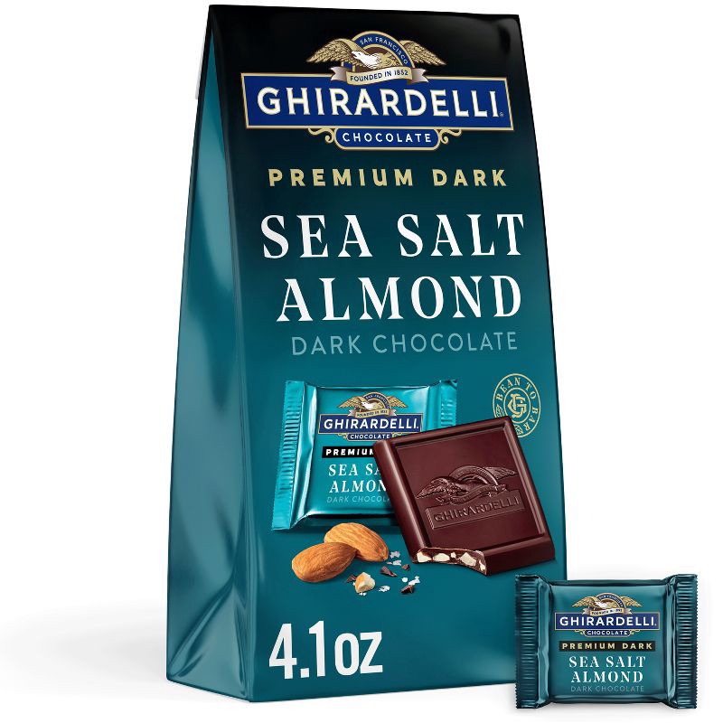 slide 1 of 7, GHIRARDELLI Premium Dark Sea Salt Almond SQUARES Medium Bag - 4.12oz, 4.12 oz