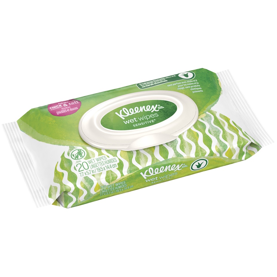 slide 2 of 3, Kleenex Wet Wipes Sensitive With Aloe And Vitamin E For Hands And Face, Flip-Top Pack, 20 ct