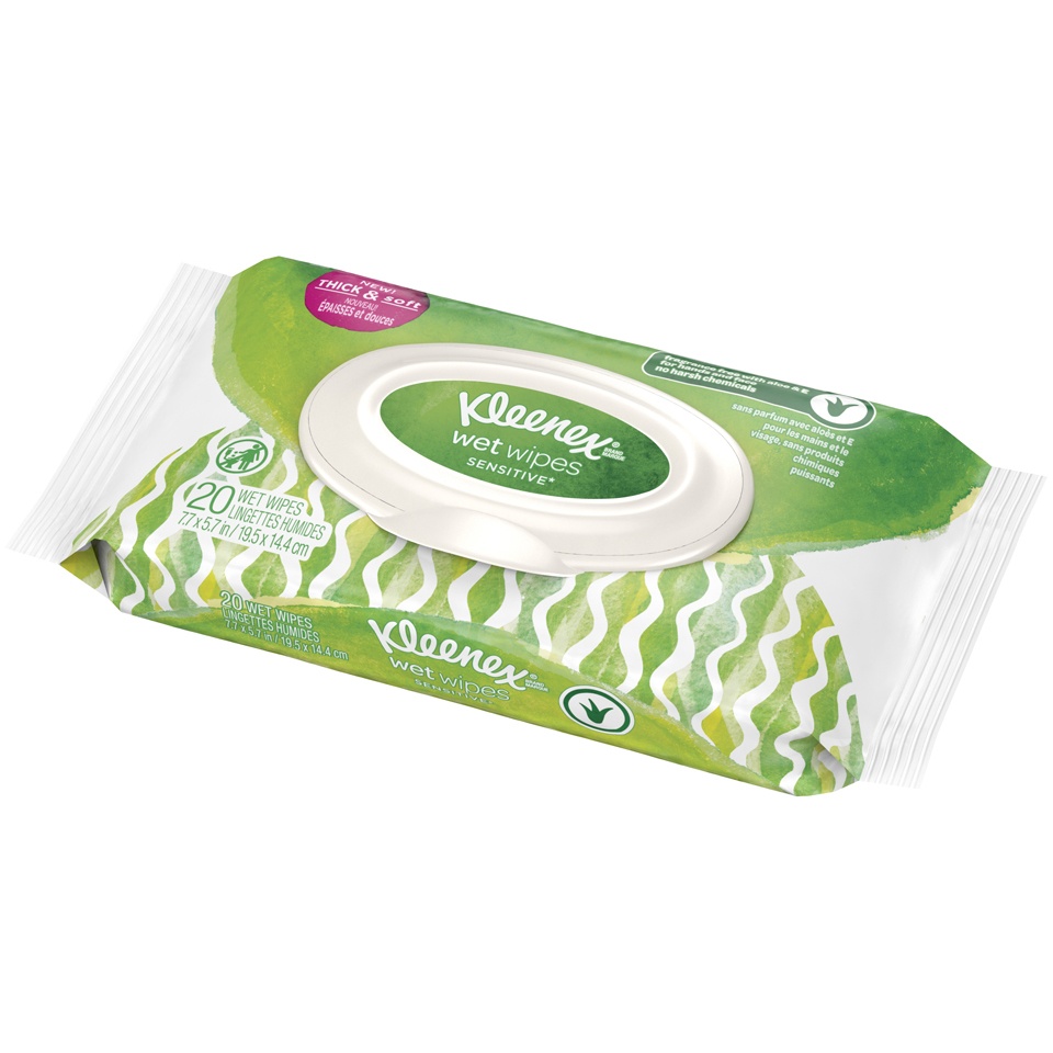 slide 3 of 3, Kleenex Wet Wipes Sensitive With Aloe And Vitamin E For Hands And Face, Flip-Top Pack, 20 ct