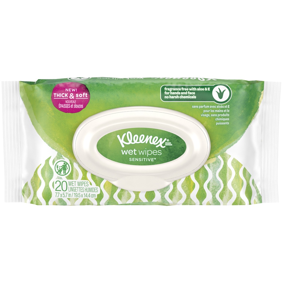 slide 1 of 3, Kleenex Wet Wipes Sensitive With Aloe And Vitamin E For Hands And Face, Flip-Top Pack, 20 ct