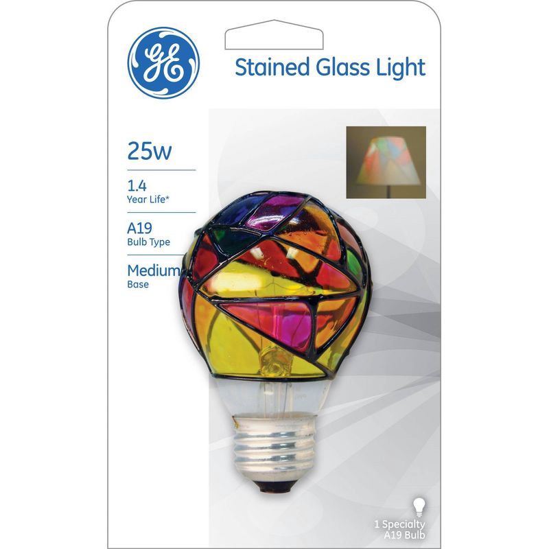 slide 4 of 4, GE Household Lighting GE 25W Incandescent Stained Glass Light Bulb: Dimmable Decorative A19, Standard E26 Base, 200 Lumens, Clear, 1 ct